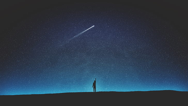 silhouette, starry sky, shooting star, night, art, HD wallpaper