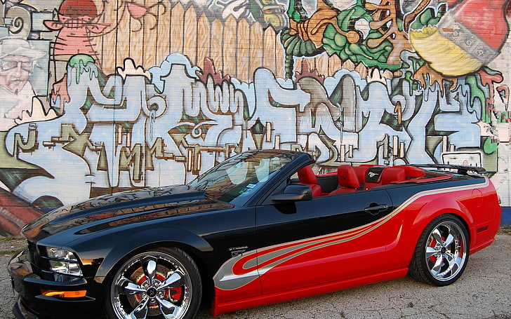 black and red convertible coupe, wall, grafiti, custom, HD wallpaper