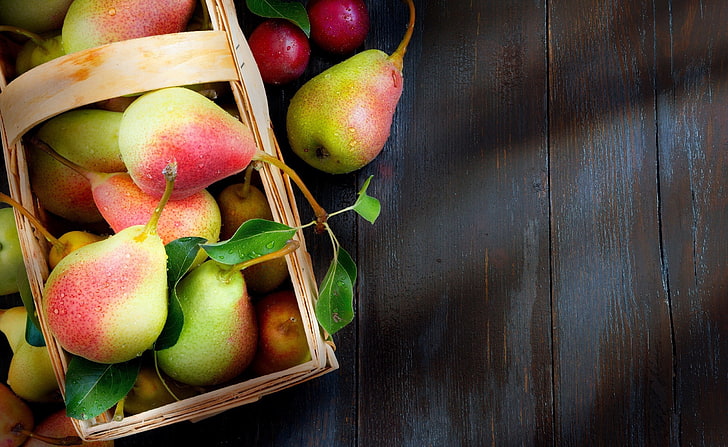 mat, frukt, äpplen, päron, korgar, bord, HD tapet
