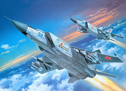 two gray fighter jets, the plane, fighter, art, BBC, generation, Soviet, tall, interceptor, supersonic, Of the Soviet Union., Mikoyan, Gurevich, Bureau, 3rd, The MiG-25, design, designed, HD wallpaper HD wallpaper