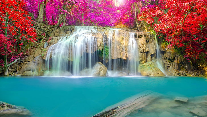 nature, waterfall, water, erawan national park, body of water, colorful leaves, erawan falls, asia, thailand, chute, tree, landscape, stream, HD wallpaper