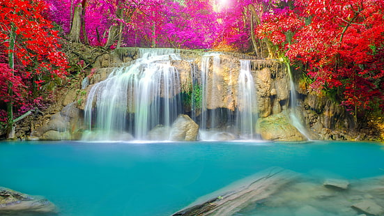 природа, водопад, вода, национальный парк эраван, водное пространство, разноцветные листья, водопад эраван, азия, таиланд, желоб, дерево, пейзаж, поток, HD обои HD wallpaper