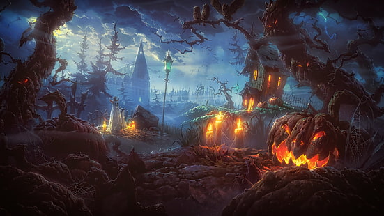 castello, alberi e zucca sfondo digitale, Halloween, terrore, notte, Photoshop, arte digitale, inquietante, fan art, Sfondo HD HD wallpaper
