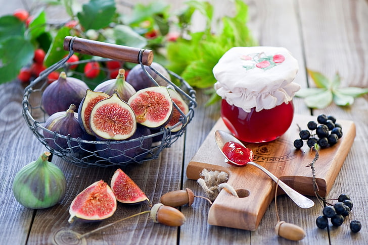 common fig fruit, figs, jam, acorns, spoon, HD wallpaper