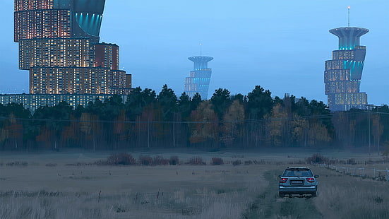 серый автомобиль, Саймон Сталенхаг, поле, лес, научная фантастика, HD обои HD wallpaper