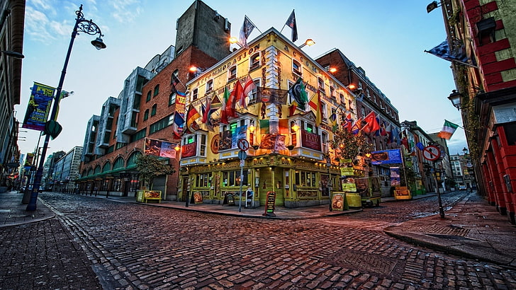уличный фонарь, старое здание, вечер, пустой, городской пейзаж, архитектура, HDR, здание, Дублин, ресторан, флаг, город, Ирландия, улица, бары, HD обои