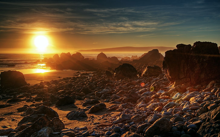 roca, costa, puesta de sol, playa, paisaje, luz solar, Fondo de pantalla HD