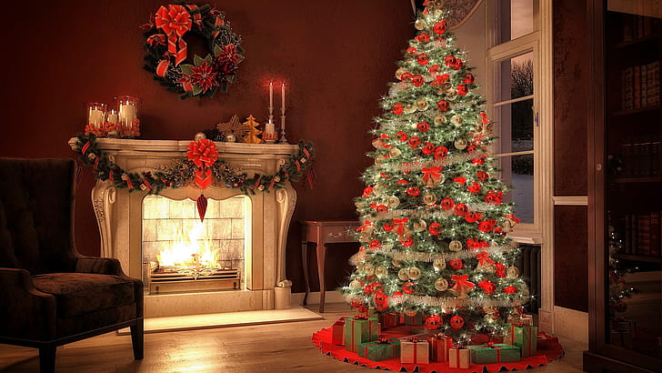 камина, коледно дърво, интериор, вътрешен, хол, Коледа, Коледа, HD тапет