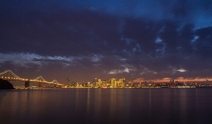 photography of body of water near city buildings during nigh time, san francisco, san francisco, San Francisco, Christmas in the City, photography, body of water, buildings, nigh, time, Sunset, Treasure Island, Northern California, NorCal, Blue Hour, Clouds, Christian, Transamerica Pyramid, night, sea, famous Place, cityscape, architecture, urban Skyline, urban Scene, dusk, city, bridge - Man Made Structure, HD wallpaper