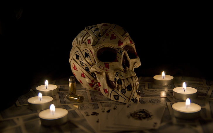 white and assorted-color skull decor, artwork, fantasy art, skull, playing cards, candles, ammunition, dark, HD wallpaper