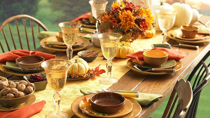 Autumn Table, leaf, table, plates, glass, autumn, animals, HD wallpaper
