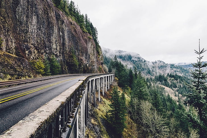 road, forest, mountains, nature, bridge, HD wallpaper