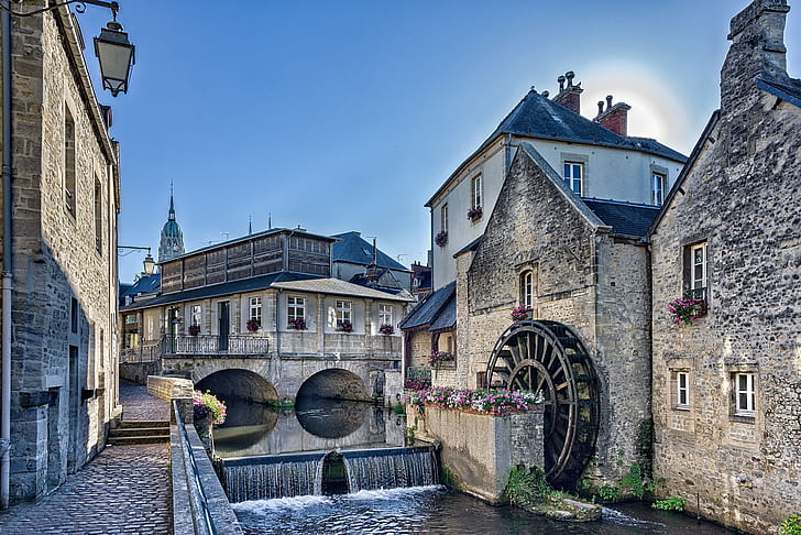 flowers, river, France, building, home, cascade, promenade, water mill, Normandy, Aire River, the river Op, Bayeux, HD wallpaper