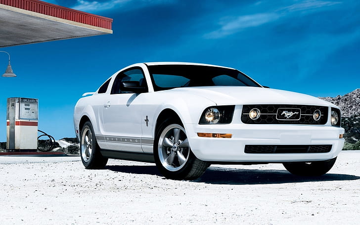 White Mustang, muscle car, mustang, ford mustang, HD wallpaper