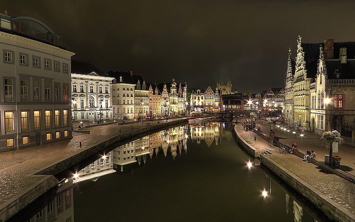 weiße Betonbauten, Gent, Kanal, Belgien, Stadt, Reflexion, Stadtbild, HD-Hintergrundbild