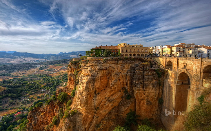 braunes konkretes buildingd, Stadt, Altbau, Spanien, Klippe, Landschaft, Ronda, HD-Hintergrundbild