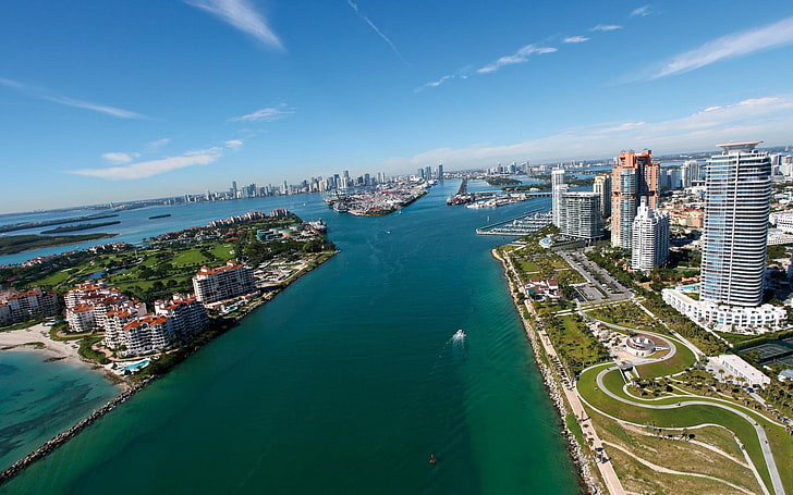 city buildings, cityscape, building, sea, photography, water, urban, city, Miami, HD wallpaper