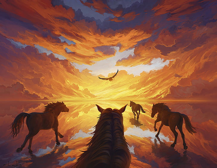 Artem RHADS, painting, sky, clouds, evening, horse, eagle, water, HD wallpaper