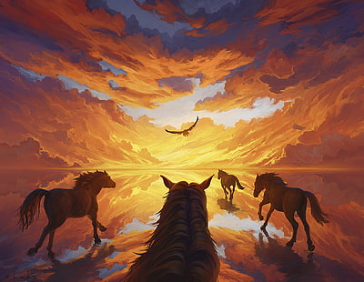 Artem RHADS, painting, sky, clouds, evening, horse, eagle, water, HD wallpaper HD wallpaper