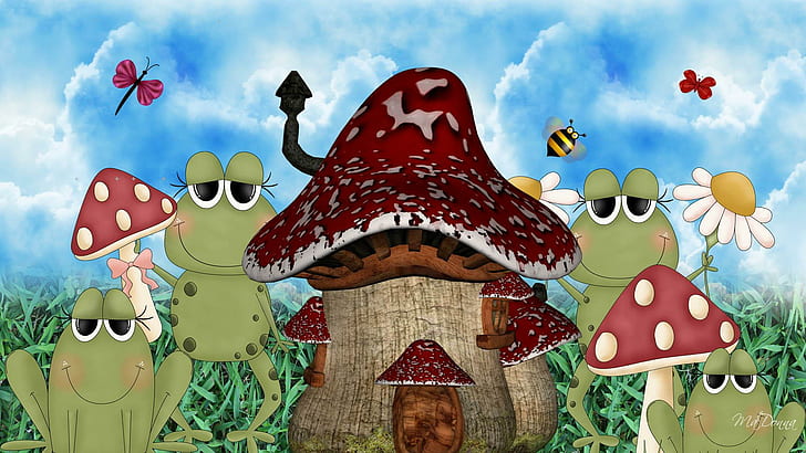 Frogs Mushroom House, four green frogs and mushroom house illustration, firefox persona, buttrfly, mushrooms, magical, grass, frogs, fairytale, flowers, spring, eyes, HD wallpaper