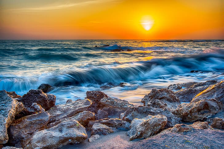Mer, coucher de soleil, pierres, FL, Floride, Golfe du Mexique, Caspersen Beach, Sarasota, comté de Sarasota, Fond d'écran HD
