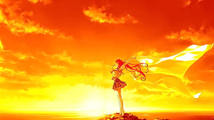 Anime, Anime Girls, Sonnenuntergang, Deep Blue Sky und Pure White Wings, Miyamae Tomoka, geschlossene Augen, langes Haar, Brünette, Wasser, Himmel, Wolken, HD-Hintergrundbild