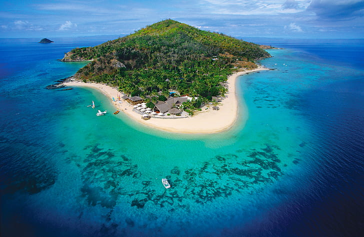 جزيرة المنبوذ أو كاليتو هي جزيرة مجموعة Mamanuca في فيجي منظر من الجو 3840 × 2400، خلفية HD