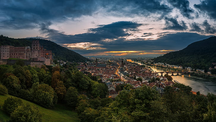 chmury, drzewa, góry, most, światła, rzeka, wzgórza, budynek, dom, wieczór, Niemcy, widok na miasto, Heidelberg, Tapety HD
