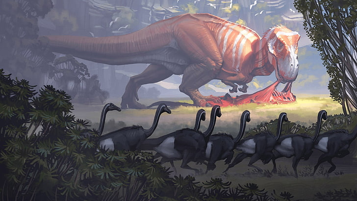 różne malowanie dinozaurów, dinozaury, Simon Stålenhag, Tapety HD