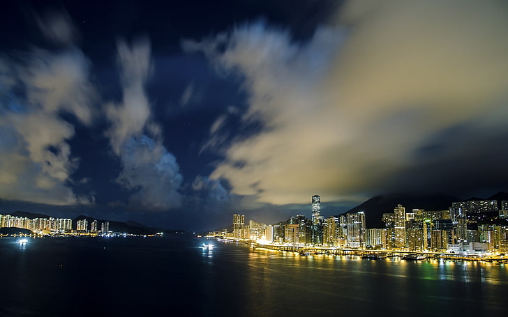 landscape photo of city during nighttime, photography, city, cityscape, building, urban, road, night, clouds, lights, Hong Kong, HD wallpaper