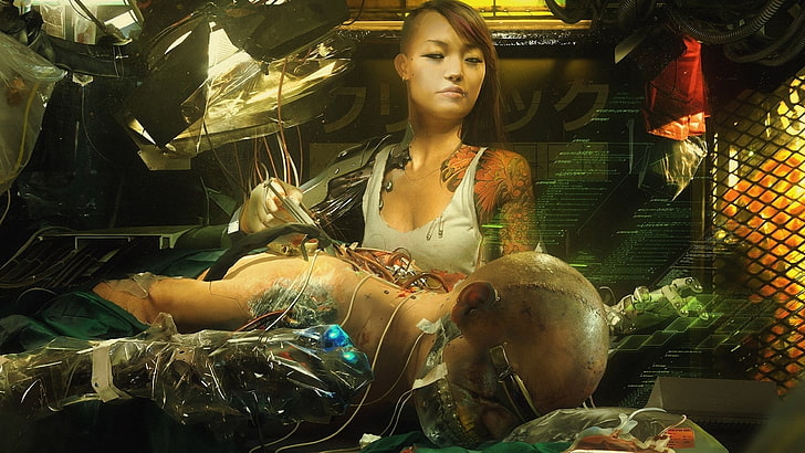 งานศิลปะ, ศิลปะจินตนาการ, หุ่นยนต์, ผู้หญิง, แพทย์, cyberpunk, วอลล์เปเปอร์ HD