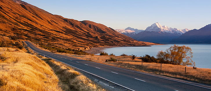 photo of gray asphalt road surrounded with brown mountains near body of water during day time, mt cook, mt cook, Mt Cook, photo, gray, asphalt, road, brown, mountains, body of water, day, time, aoraki, nz, new zealand, pukaki, mountain, nature, landscape, autumn, travel, scenics, highway, outdoors, HD wallpaper