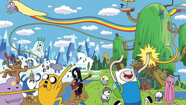 Affiche Adventure Time, Adventure Time, dessin animé, Marceline la reine des vampires, Jake le chien, Finn l'humain, Princesse de l'espace bosselée, Princesse Bubblegum, Ice King, Lady Rainicorn, Fond d'écran HD