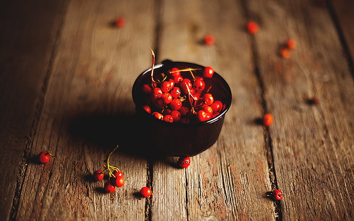 red berries, berries, rowanberry, boards, rowan, HD wallpaper