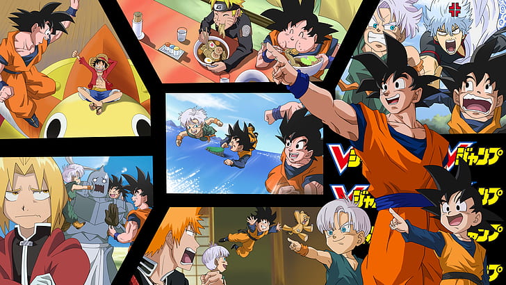 Anime, Crossover, Alphonse Elric, Edward Elric, Gintoki Sakata, Goku, Goten (Drachenball), Ichigo Kurosaki, Affe D. Ruffy, Naruto Uzumaki, Stämme (Drachenball), HD-Hintergrundbild