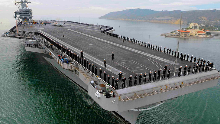 灰色と黒のヘリコプター船、USSロナルドレーガン、CVN-76、鉛船、 HDデスクトップの壁紙