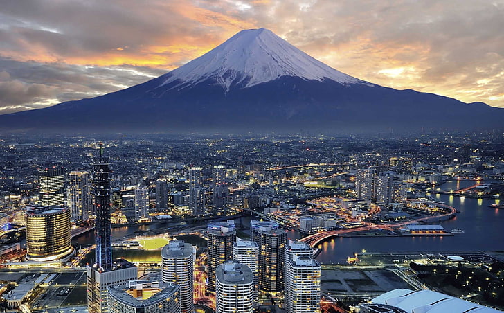 серые высотные здания, Япония, гора Фудзи, HD обои