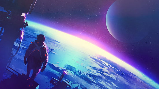 astronauta i planeta Ziemia, sztuka cyfrowa, science fiction, planeta, krajobraz, Tithi Luadthong, kosmos, Tapety HD HD wallpaper