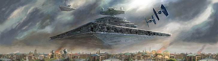 Star Destroyer, Naboo, TIE Fighter, AT-AT Walker, Star Wars, painting, HD wallpaper