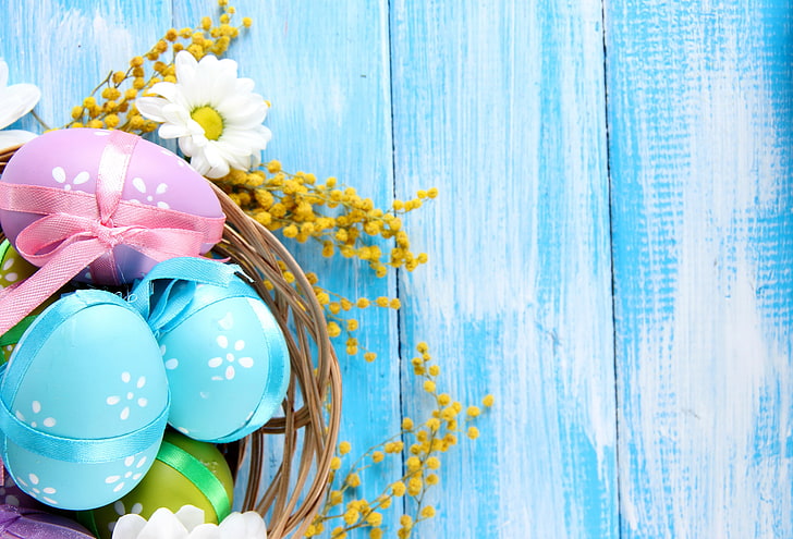 Easter eggs, flowers, tree, chamomile, eggs, spring, Easter, pastel, blue, delicate, daisy, camomile, HD wallpaper