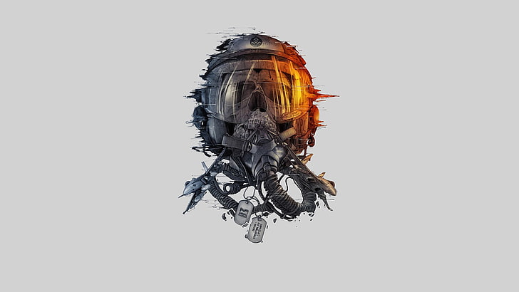 brown and orange helmet artwork, digital art, pilot, skull, helmet, simple background, white background, military aircraft, teeth, glass, green, Dog Tags, HD wallpaper