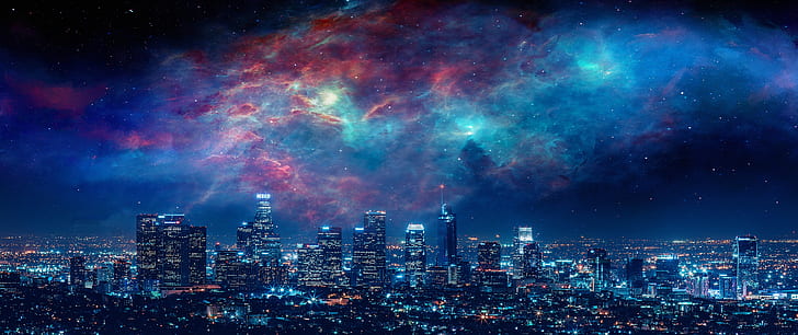 City, Sky, Beautiful, Stars, Space, Art, Galaxies, Landscape, Galaxy, Urban, Night, Los Angeles, Deviantart, Paint, Dream, Town, Painting, Zanarkand, HD wallpaper