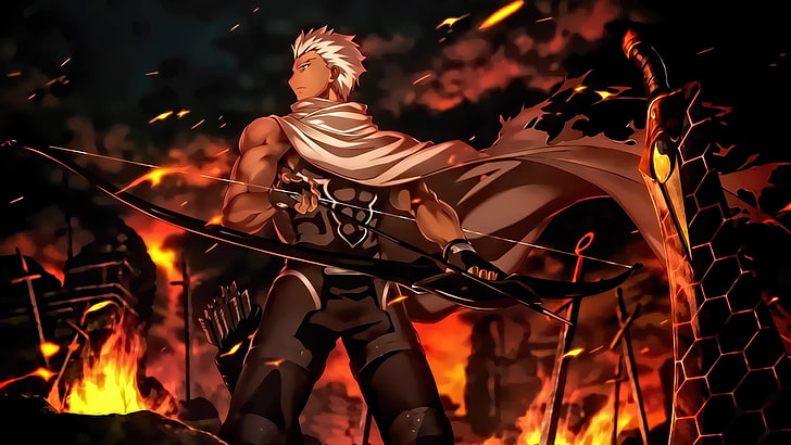 Faith State Night Archer wallpaper, Fate/Stay Night: Unlimited Blade Works, archer, Fate Series, sword, Archer (Fate/Stay Night), fire, cloaks, white hair, HD wallpaper