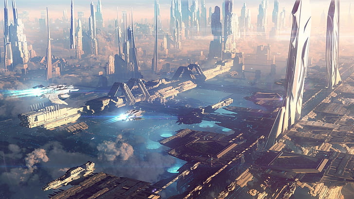 sci-fi, futurystyczne miasto, wieże, dzieło sztuki, fantasy, Tapety HD