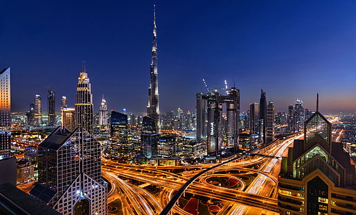 gece, Şehir, Işıklar, yol, ev, Dubai, gökdelenler, üstten görünüm, BAE, HD masaüstü duvar kağıdı HD wallpaper