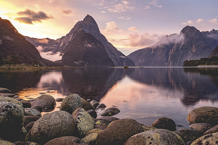 New Zealand, Milford Sound, rock, lake, mountains, sunset, clouds, landscape, HD wallpaper