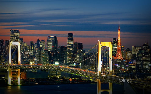 Det bästa av det bästa av Bing - Rainbow Bridge, upplyst Tokyo Rainbow Bridge och Tokyo Tower under natten, Bing, Windows7theme, Bridge, Rainbow, Animals, HD tapet HD wallpaper