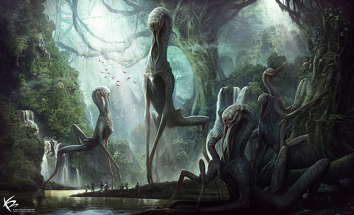 Wasserfälle malen, Alien im Wald, Fantasy-Kunst, Kunstwerk, digitale Kunst, pixelig, Science-Fiction, Berge, Kreatur, Bäume, Wasser, fallen, Vögel, HD-Hintergrundbild