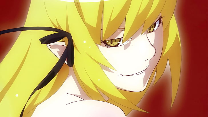 Anime, Monogatari (Serie), Blond, Gesicht, Mädchen, Kuss-Schuss Acerola-orion Herz unter der Klinge, Shinobu Oshino, Lächeln, Gelbe Augen, HD-Hintergrundbild