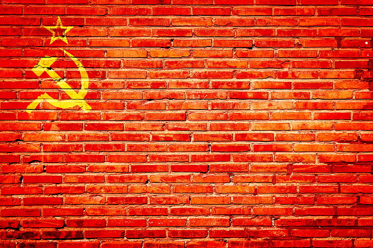 röd vägg tegel, vägg, struktur, flagga, USSR, tegel, hammaren och skäran, röda tegel, HD tapet
